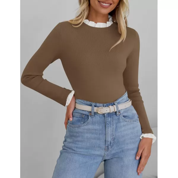 imageZESICA Womens Long Sleeve Ruffle Sweaters 2024 Fall Crewneck Color Block Slim Fit Basic Casual Knit Pullover Sweater TopsCamel