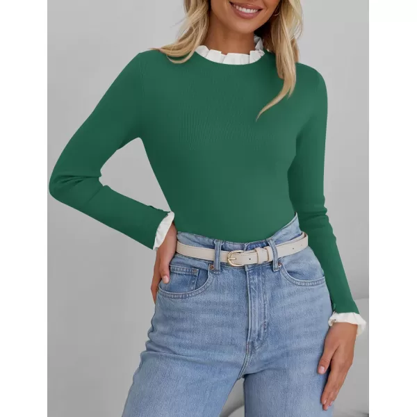 imageZESICA Womens Long Sleeve Ruffle Sweaters 2024 Fall Crewneck Color Block Slim Fit Basic Casual Knit Pullover Sweater TopsDark Green
