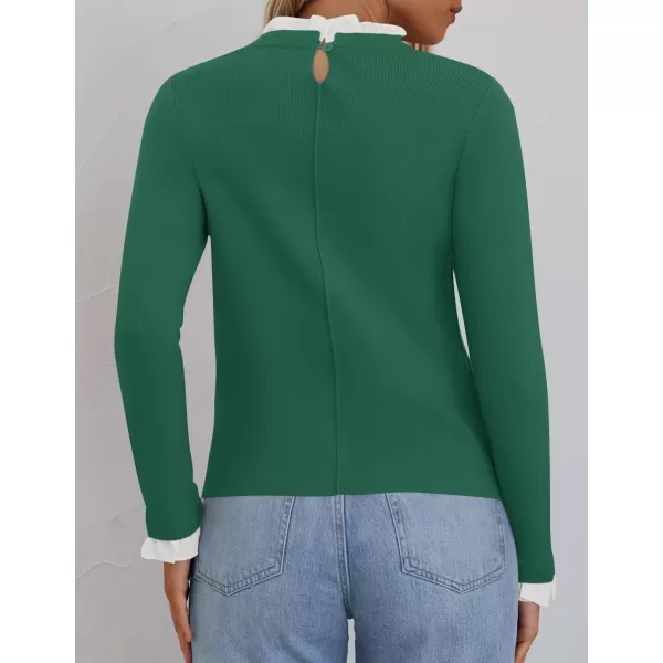 imageZESICA Womens Long Sleeve Ruffle Sweaters 2024 Fall Crewneck Color Block Slim Fit Basic Casual Knit Pullover Sweater TopsDark Green