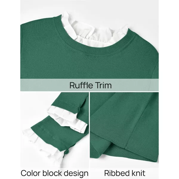 imageZESICA Womens Long Sleeve Ruffle Sweaters 2024 Fall Crewneck Color Block Slim Fit Basic Casual Knit Pullover Sweater TopsDark Green