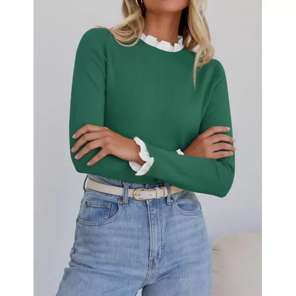 imageZESICA Womens Long Sleeve Ruffle Sweaters 2024 Fall Crewneck Color Block Slim Fit Basic Casual Knit Pullover Sweater TopsDark Green