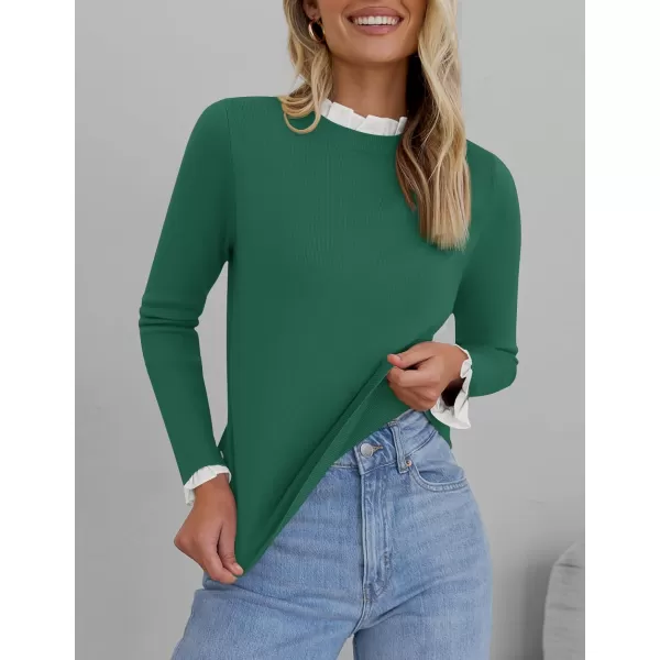 imageZESICA Womens Long Sleeve Ruffle Sweaters 2024 Fall Crewneck Color Block Slim Fit Basic Casual Knit Pullover Sweater TopsDark Green