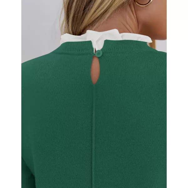 imageZESICA Womens Long Sleeve Ruffle Sweaters 2024 Fall Crewneck Color Block Slim Fit Basic Casual Knit Pullover Sweater TopsDark Green