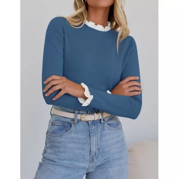 imageZESICA Womens Long Sleeve Ruffle Sweaters 2024 Fall Crewneck Color Block Slim Fit Basic Casual Knit Pullover Sweater TopsDusty Blue