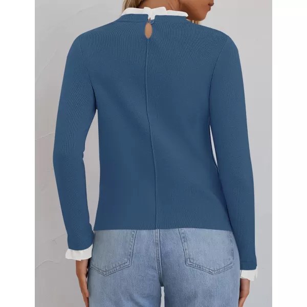 imageZESICA Womens Long Sleeve Ruffle Sweaters 2024 Fall Crewneck Color Block Slim Fit Basic Casual Knit Pullover Sweater TopsDusty Blue