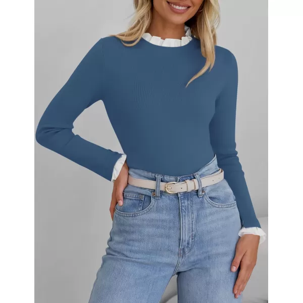 imageZESICA Womens Long Sleeve Ruffle Sweaters 2024 Fall Crewneck Color Block Slim Fit Basic Casual Knit Pullover Sweater TopsDusty Blue