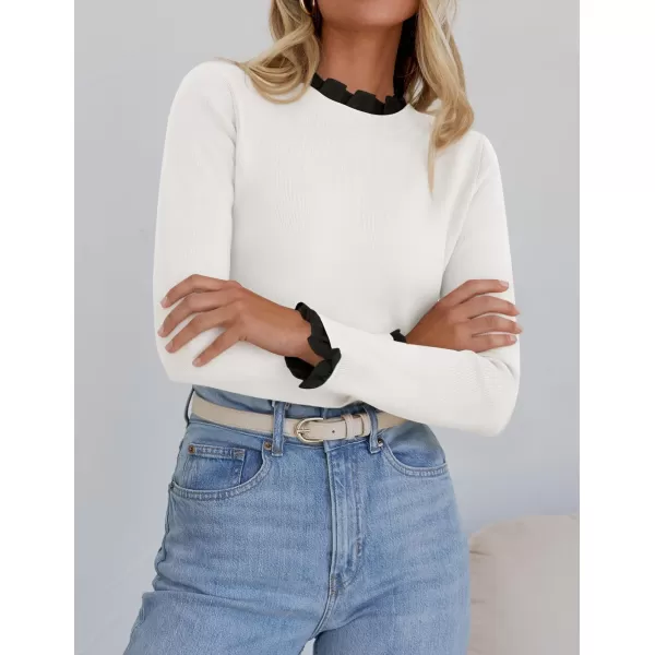 imageZESICA Womens Long Sleeve Ruffle Sweaters 2024 Fall Crewneck Color Block Slim Fit Basic Casual Knit Pullover Sweater TopsIvory