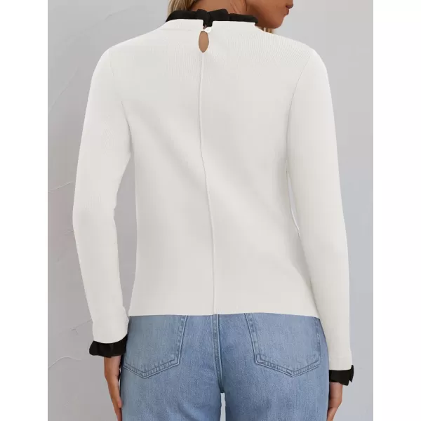 imageZESICA Womens Long Sleeve Ruffle Sweaters 2024 Fall Crewneck Color Block Slim Fit Basic Casual Knit Pullover Sweater TopsIvory