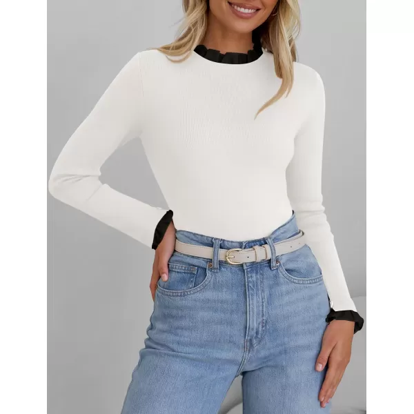 imageZESICA Womens Long Sleeve Ruffle Sweaters 2024 Fall Crewneck Color Block Slim Fit Basic Casual Knit Pullover Sweater TopsIvory
