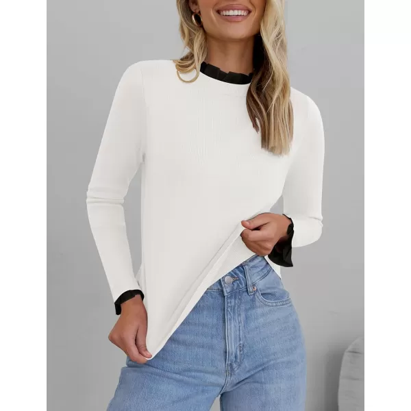 imageZESICA Womens Long Sleeve Ruffle Sweaters 2024 Fall Crewneck Color Block Slim Fit Basic Casual Knit Pullover Sweater TopsIvory