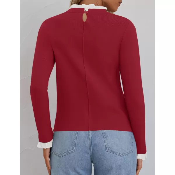 imageZESICA Womens Long Sleeve Ruffle Sweaters 2024 Fall Crewneck Color Block Slim Fit Basic Casual Knit Pullover Sweater TopsPurple Red