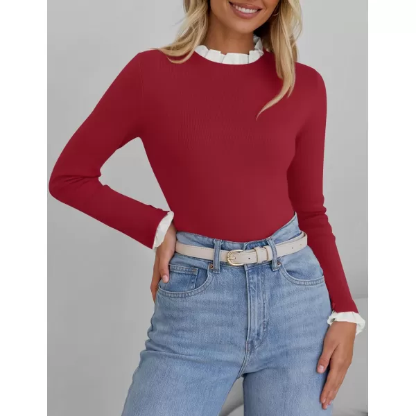 imageZESICA Womens Long Sleeve Ruffle Sweaters 2024 Fall Crewneck Color Block Slim Fit Basic Casual Knit Pullover Sweater TopsPurple Red