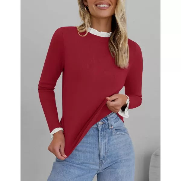 imageZESICA Womens Long Sleeve Ruffle Sweaters 2024 Fall Crewneck Color Block Slim Fit Basic Casual Knit Pullover Sweater TopsPurple Red