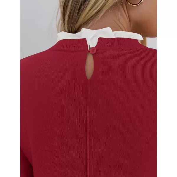 imageZESICA Womens Long Sleeve Ruffle Sweaters 2024 Fall Crewneck Color Block Slim Fit Basic Casual Knit Pullover Sweater TopsPurple Red