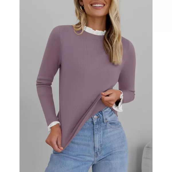 imageZESICA Womens Long Sleeve Ruffle Sweaters 2024 Fall Crewneck Color Block Slim Fit Basic Casual Knit Pullover Sweater TopsTaro