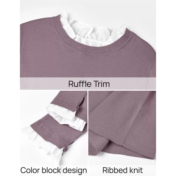 imageZESICA Womens Long Sleeve Ruffle Sweaters 2024 Fall Crewneck Color Block Slim Fit Basic Casual Knit Pullover Sweater TopsTaro