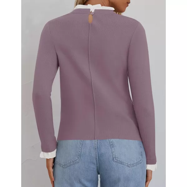 imageZESICA Womens Long Sleeve Ruffle Sweaters 2024 Fall Crewneck Color Block Slim Fit Basic Casual Knit Pullover Sweater TopsTaro