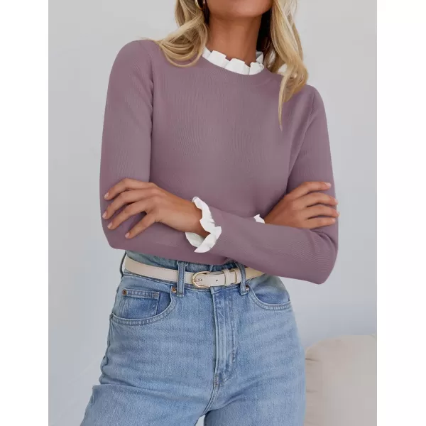 imageZESICA Womens Long Sleeve Ruffle Sweaters 2024 Fall Crewneck Color Block Slim Fit Basic Casual Knit Pullover Sweater TopsTaro