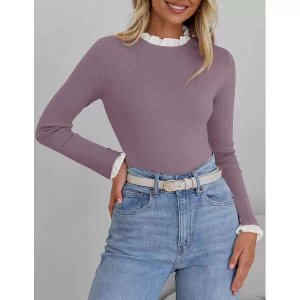imageZESICA Womens Long Sleeve Ruffle Sweaters 2024 Fall Crewneck Color Block Slim Fit Basic Casual Knit Pullover Sweater TopsTaro