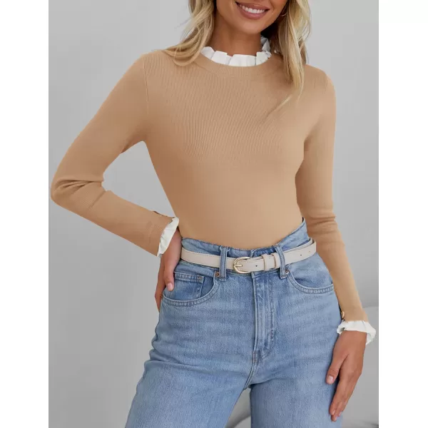 imageZESICA Womens Long Sleeve Ruffle Sweaters 2024 Fall Crewneck Color Block Slim Fit Basic Casual Knit Pullover Sweater TopsToffee