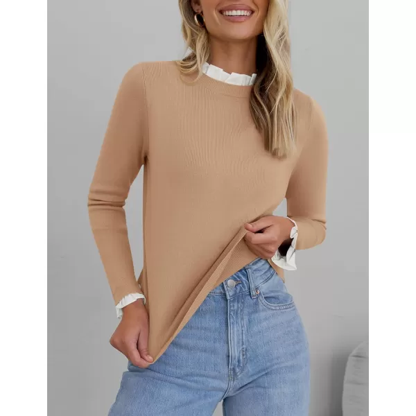 imageZESICA Womens Long Sleeve Ruffle Sweaters 2024 Fall Crewneck Color Block Slim Fit Basic Casual Knit Pullover Sweater TopsToffee