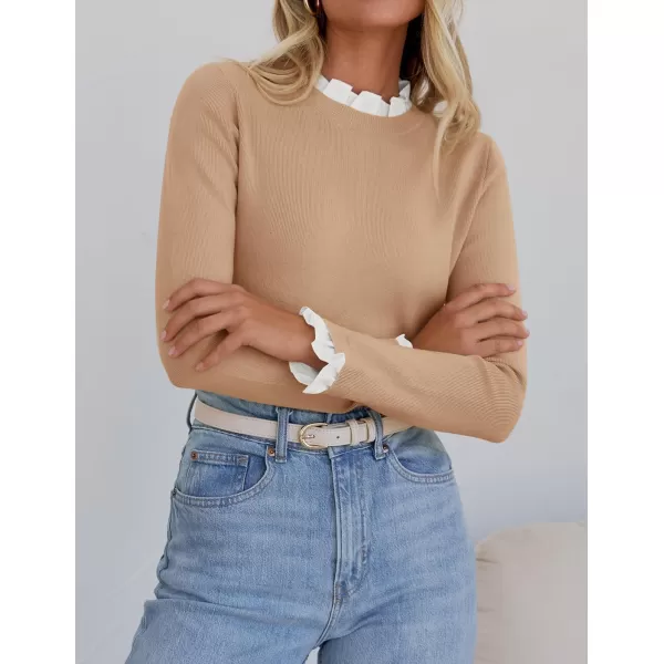 imageZESICA Womens Long Sleeve Ruffle Sweaters 2024 Fall Crewneck Color Block Slim Fit Basic Casual Knit Pullover Sweater TopsToffee