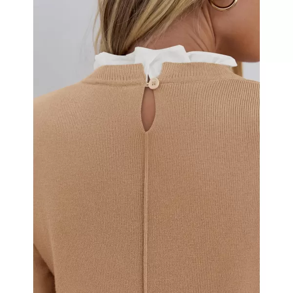 imageZESICA Womens Long Sleeve Ruffle Sweaters 2024 Fall Crewneck Color Block Slim Fit Basic Casual Knit Pullover Sweater TopsToffee