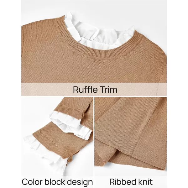 imageZESICA Womens Long Sleeve Ruffle Sweaters 2024 Fall Crewneck Color Block Slim Fit Basic Casual Knit Pullover Sweater TopsToffee