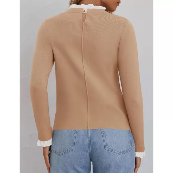 imageZESICA Womens Long Sleeve Ruffle Sweaters 2024 Fall Crewneck Color Block Slim Fit Basic Casual Knit Pullover Sweater TopsToffee