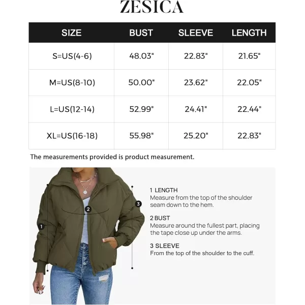 imageZESICA Womens Winter Cropped Puffer Jacket Long Sleeve Zip Up Quilted Short Down Coat with PocketsArmygreen