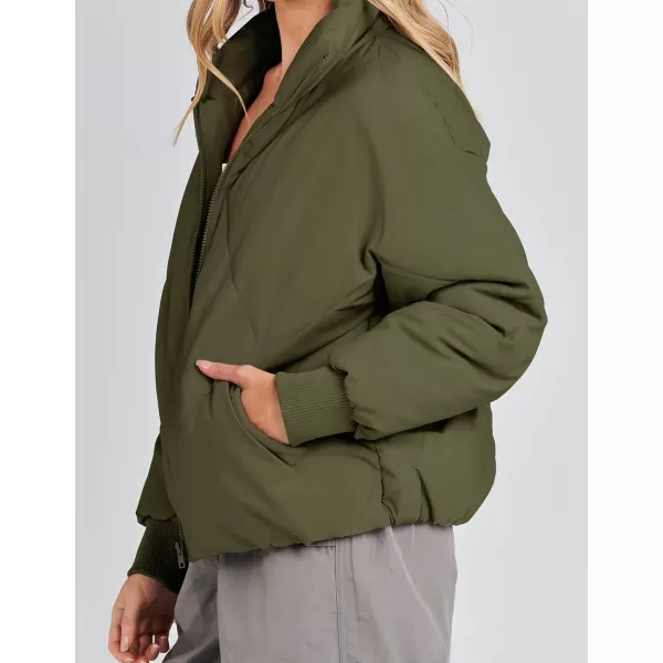 imageZESICA Womens Winter Cropped Puffer Jacket Long Sleeve Zip Up Quilted Short Down Coat with PocketsArmygreen
