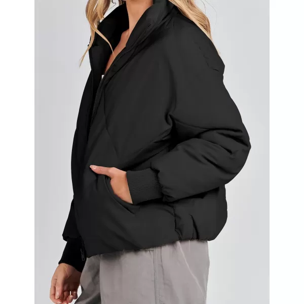 imageZESICA Womens Winter Cropped Puffer Jacket Long Sleeve Zip Up Quilted Short Down Coat with PocketsBlack