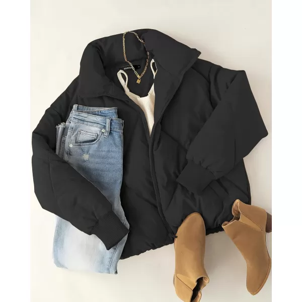 imageZESICA Womens Winter Cropped Puffer Jacket Long Sleeve Zip Up Quilted Short Down Coat with PocketsBlack