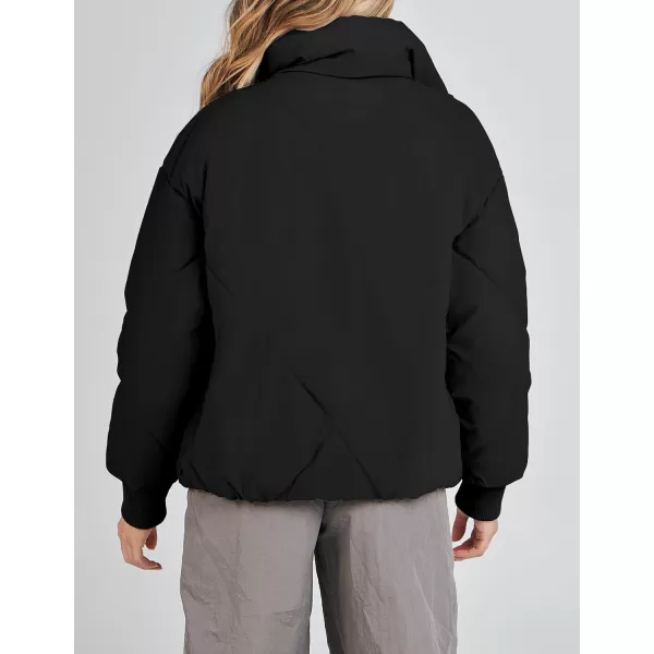 imageZESICA Womens Winter Cropped Puffer Jacket Long Sleeve Zip Up Quilted Short Down Coat with PocketsBlack