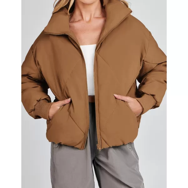 imageZESICA Womens Winter Cropped Puffer Jacket Long Sleeve Zip Up Quilted Short Down Coat with PocketsBrown