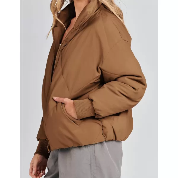 imageZESICA Womens Winter Cropped Puffer Jacket Long Sleeve Zip Up Quilted Short Down Coat with PocketsBrown