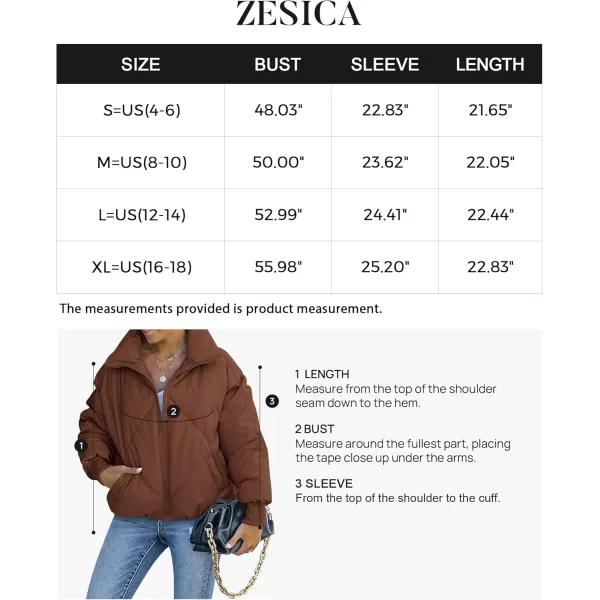 imageZESICA Womens Winter Cropped Puffer Jacket Long Sleeve Zip Up Quilted Short Down Coat with PocketsCoffee