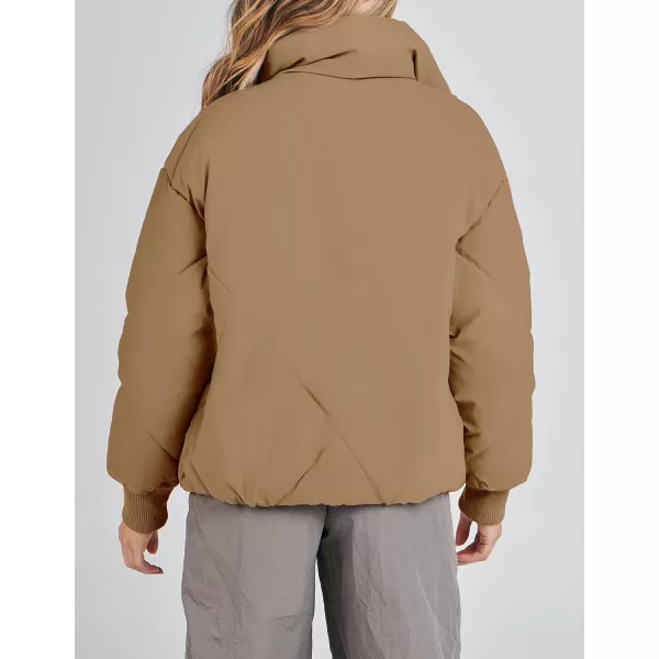 imageZESICA Womens Winter Cropped Puffer Jacket Long Sleeve Zip Up Quilted Short Down Coat with PocketsKhaki