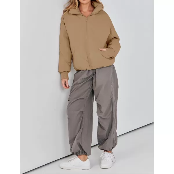 imageZESICA Womens Winter Cropped Puffer Jacket Long Sleeve Zip Up Quilted Short Down Coat with PocketsKhaki