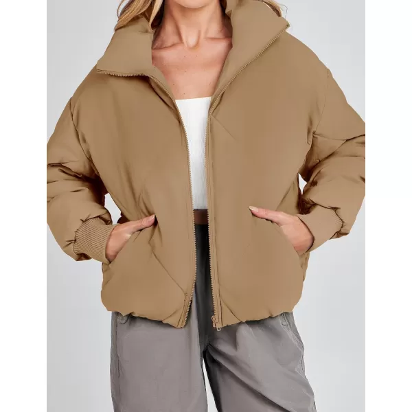 imageZESICA Womens Winter Cropped Puffer Jacket Long Sleeve Zip Up Quilted Short Down Coat with PocketsKhaki