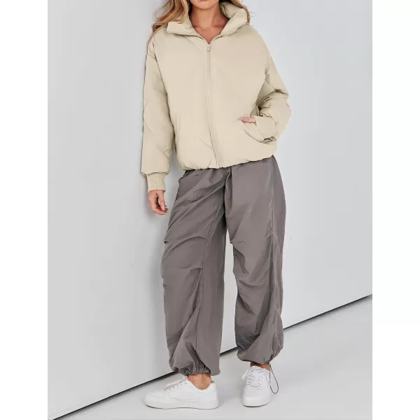 imageZESICA Womens Winter Cropped Puffer Jacket Long Sleeve Zip Up Quilted Short Down Coat with PocketsLightkhaki