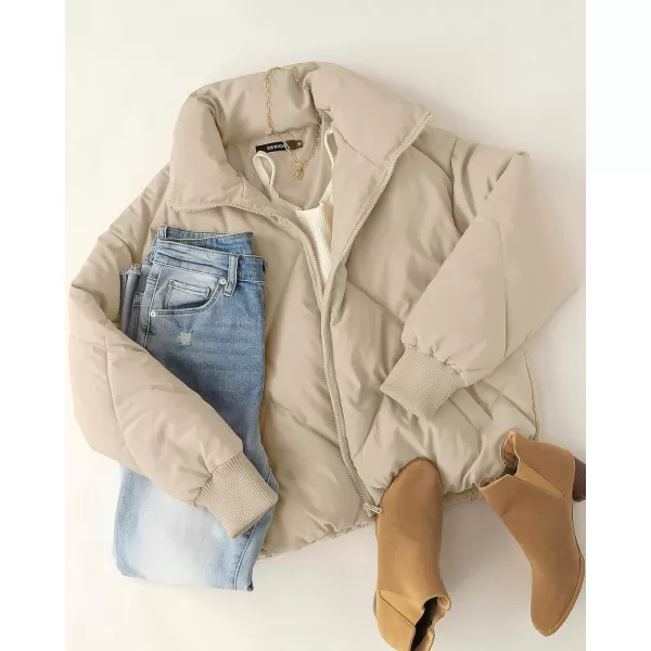 imageZESICA Womens Winter Cropped Puffer Jacket Long Sleeve Zip Up Quilted Short Down Coat with PocketsLightkhaki