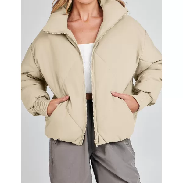 imageZESICA Womens Winter Cropped Puffer Jacket Long Sleeve Zip Up Quilted Short Down Coat with PocketsLightkhaki