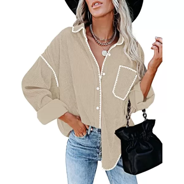 imageZESICA Womens 2024 Fall Corduroy Shacket Jacket Long Sleeve Button Down Shirt Oversized Blouses Tops with PocketsApricot