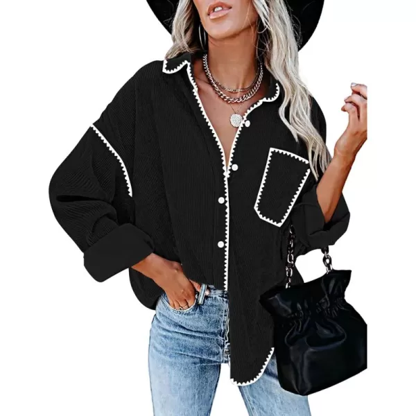 imageZESICA Womens 2024 Fall Corduroy Shacket Jacket Long Sleeve Button Down Shirt Oversized Blouses Tops with PocketsBlack