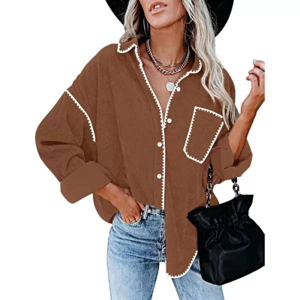 imageZESICA Womens 2024 Fall Corduroy Shacket Jacket Long Sleeve Button Down Shirt Oversized Blouses Tops with PocketsBrown