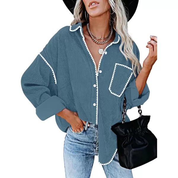 imageZESICA Womens 2024 Fall Corduroy Shacket Jacket Long Sleeve Button Down Shirt Oversized Blouses Tops with PocketsDusty Blue