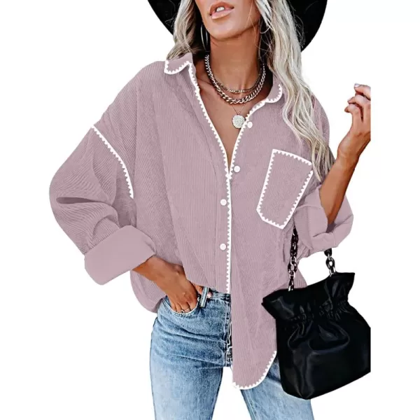 imageZESICA Womens 2024 Fall Corduroy Shacket Jacket Long Sleeve Button Down Shirt Oversized Blouses Tops with PocketsPurple