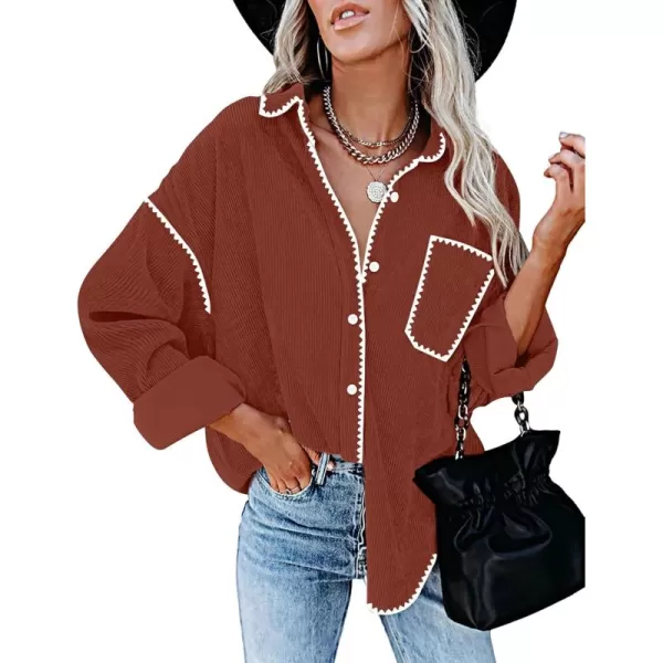 imageZESICA Womens 2024 Fall Corduroy Shacket Jacket Long Sleeve Button Down Shirt Oversized Blouses Tops with PocketsRust