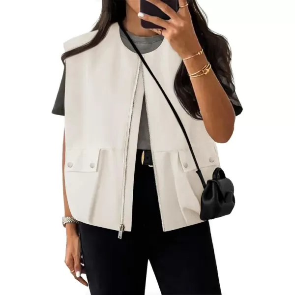 imageZESICA Womens 2024 Oversized Zip Up Cargo Vest Causal Street Ruched Hem Sleeveless Jackets TopsApricot